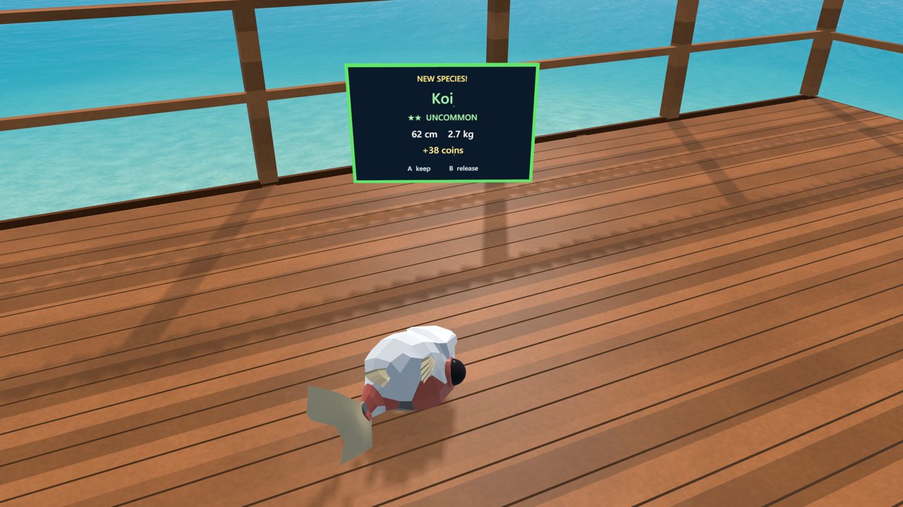A freshly caught koi flopping on the deck under its catch card